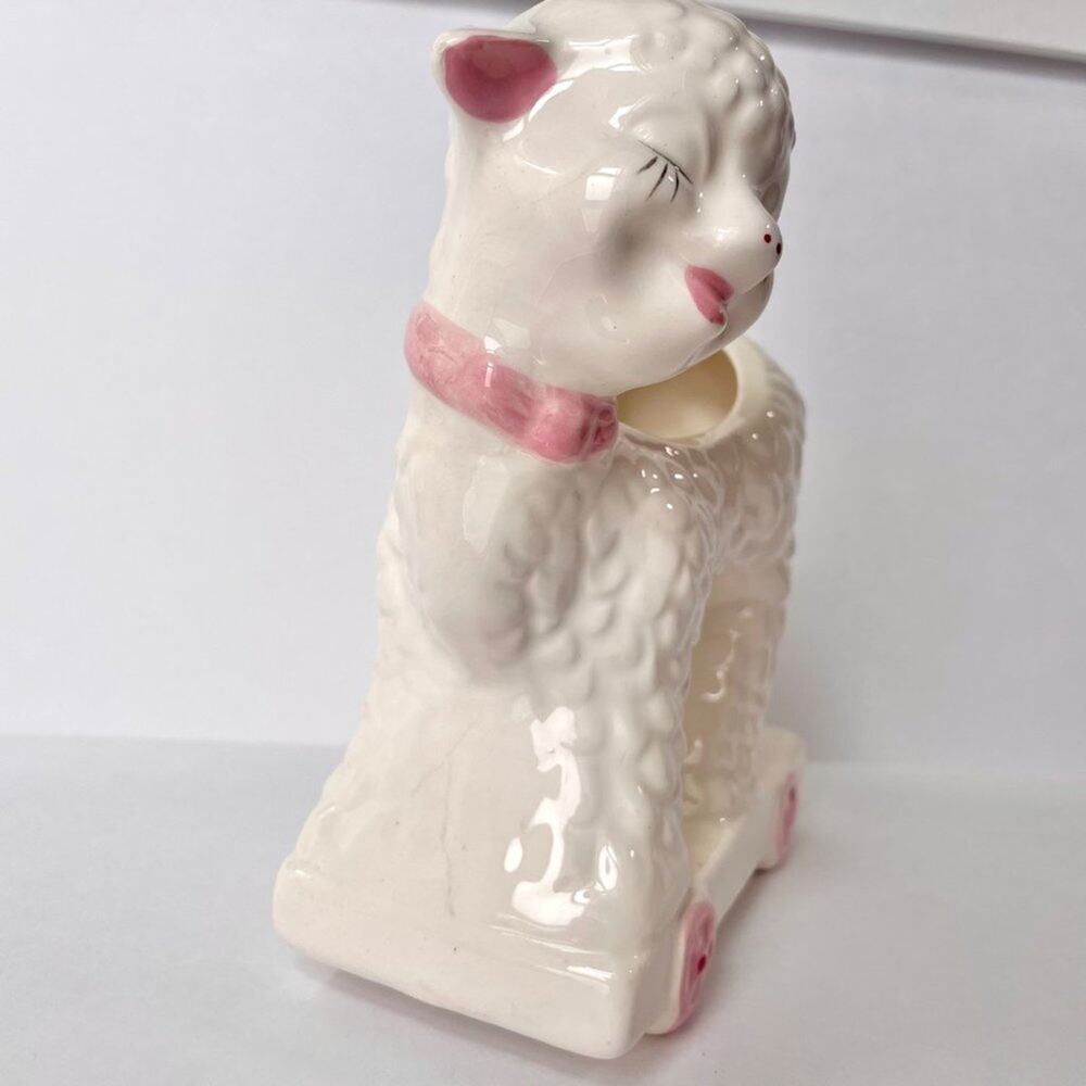 Vintage Japan Ceramic Lamb Planter Vase White Pink Nursery - Picture 11 of 15